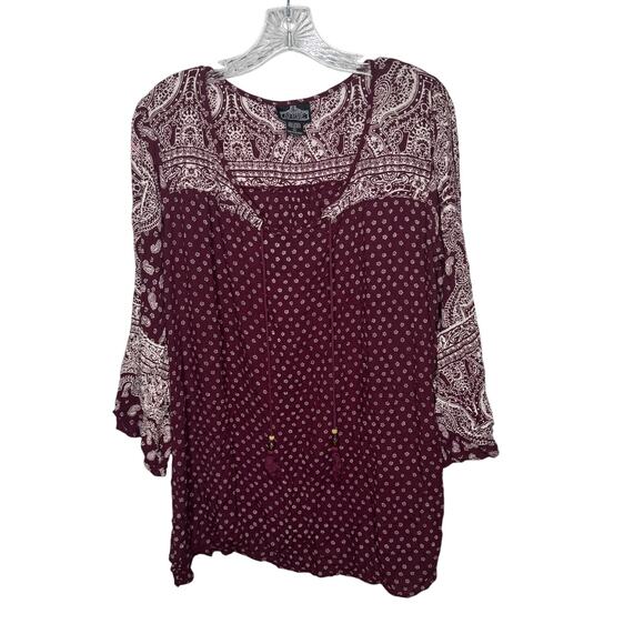 Angie Boho Peasant Blouse Top L Burgundy Paisley Print Tassel Tie Rayon Festival - Picture 1 of 6